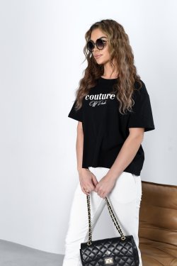 BAWEŁNIANY BASICOWY T-SHIRT DAMSKI OVERSIZE Z KRÓTKIM RĘKAWEM COUTURE