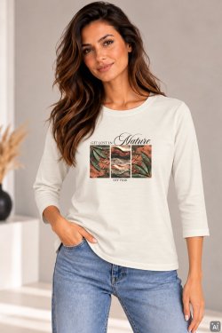 DAMSKA BLUZKA BAWEŁNIANA Z NADRUKIEM RĘKAW 3/4 NATURINA